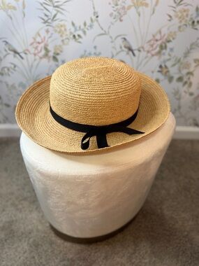 Helen Kaminski Natural Straw Boater with Black Ribbon Bow